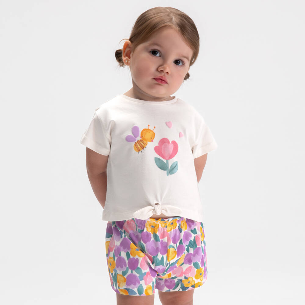 Mayoral-Girls Lilac Cotton Floral Shorts Set | Childrensalon