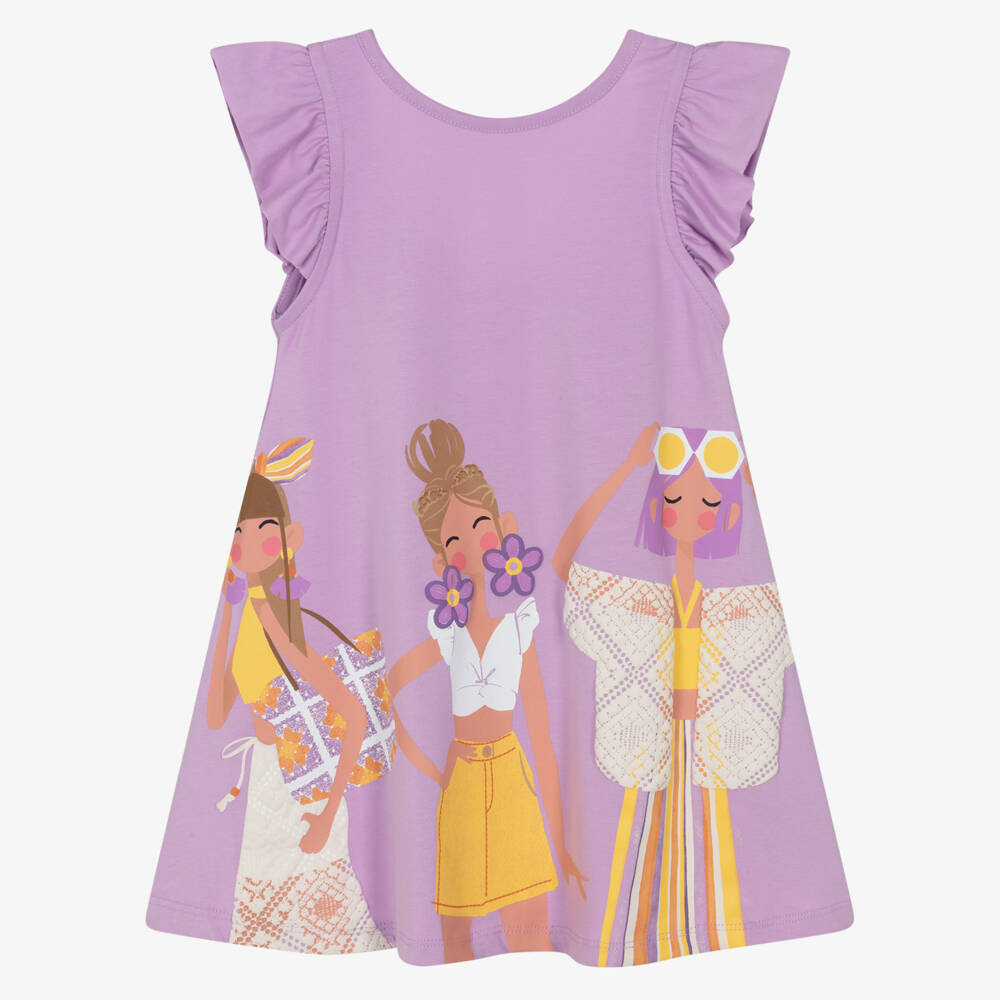 Mayoral-Girls Lilac Cotton Jersey Dress with Summer Girl Print | Childrensalon