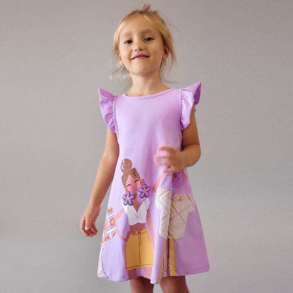 Mayoral-Girls Lilac Cotton Jersey Dress with Summer Girl Print | Childrensalon