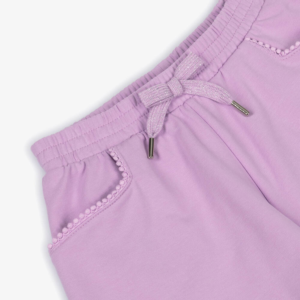 Mayoral-Girls Lilac Cotton Jersey Shorts with Pom-Pom Pocket Trim | Childrensalon