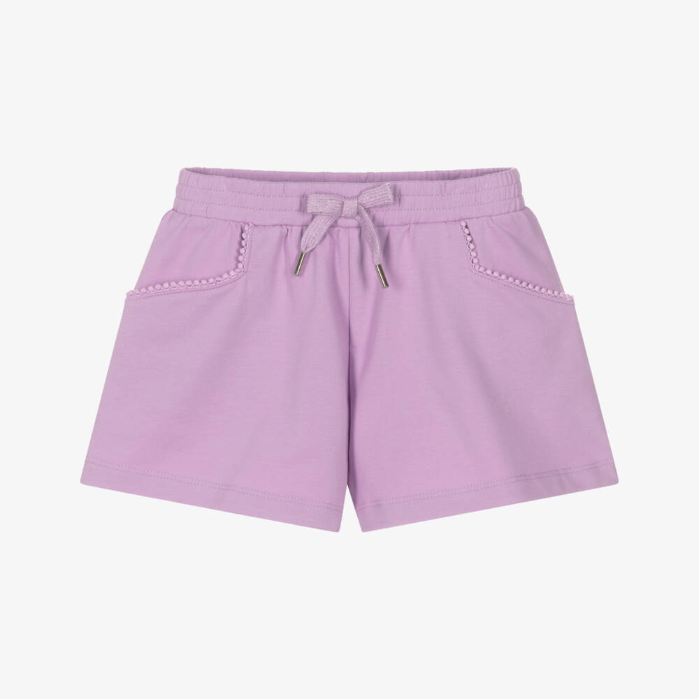 Mayoral-Girls Lilac Cotton Jersey Shorts with Pom-Pom Pocket Trim | Childrensalon