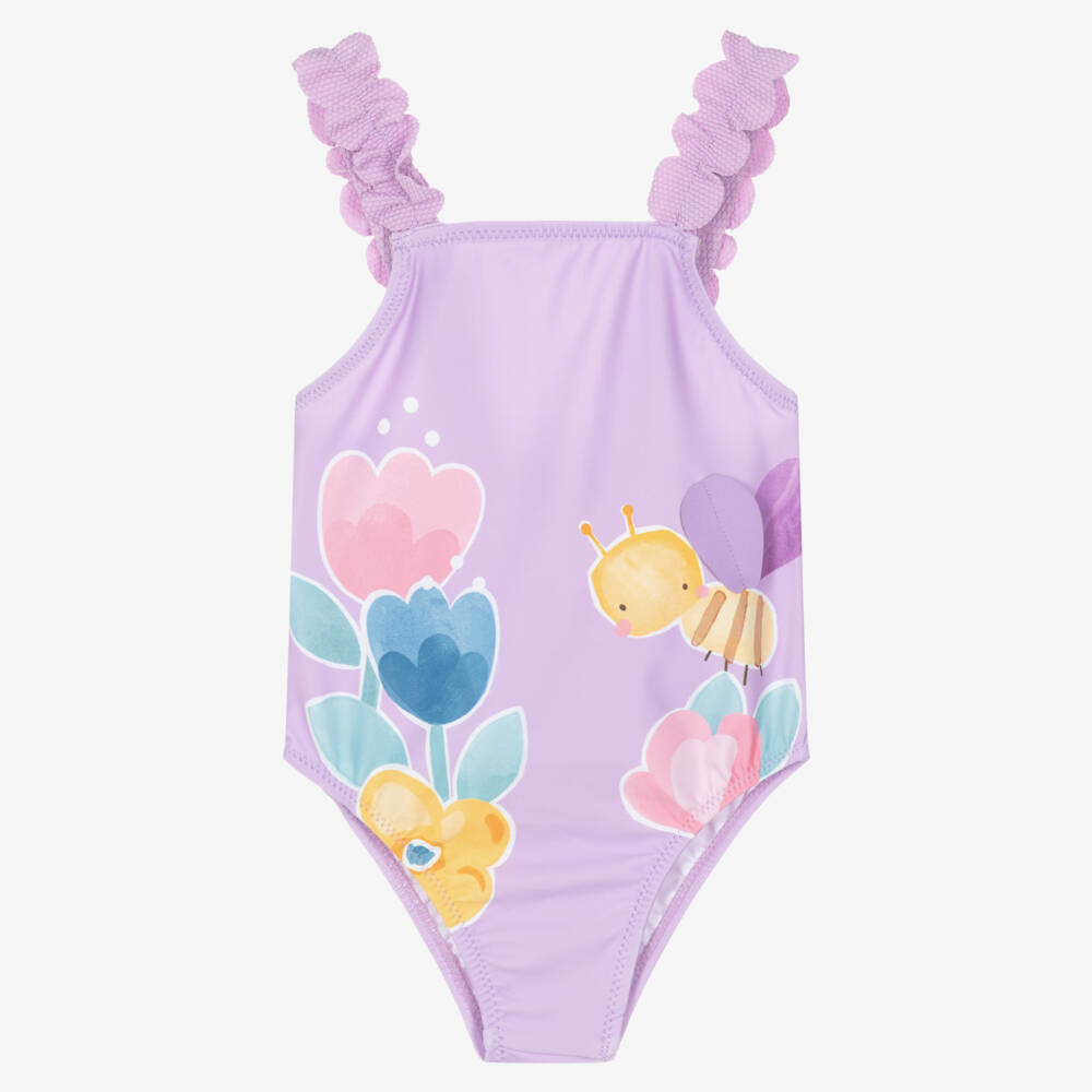 Mayoral-Girls Lilac Floral & Bee Print Swimsuit | Childrensalon