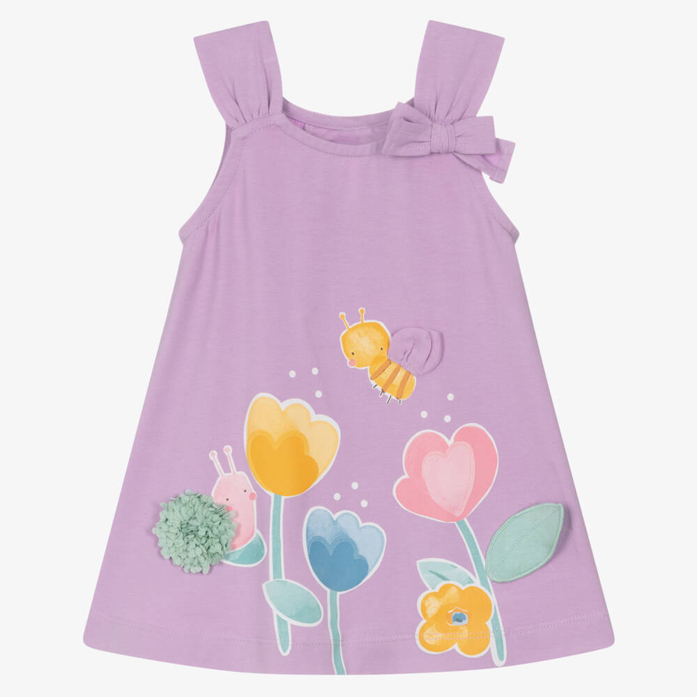 Mayoral-Girls Lilac Purple Cotton Jersey Flower & Bee Dress | Childrensalon