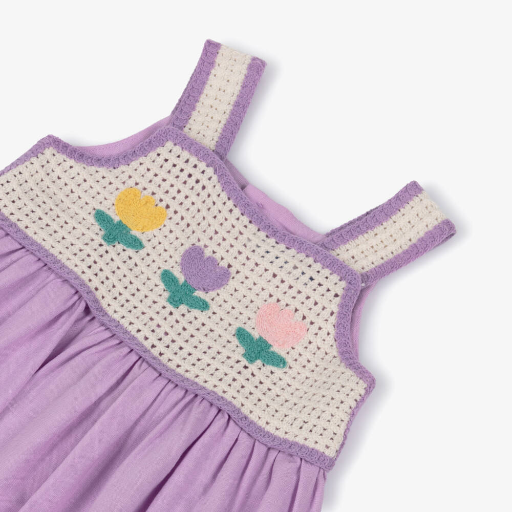 Mayoral-Girls Lilac Purple Sun Dress with Crochet Floral Bodice | Childrensalon