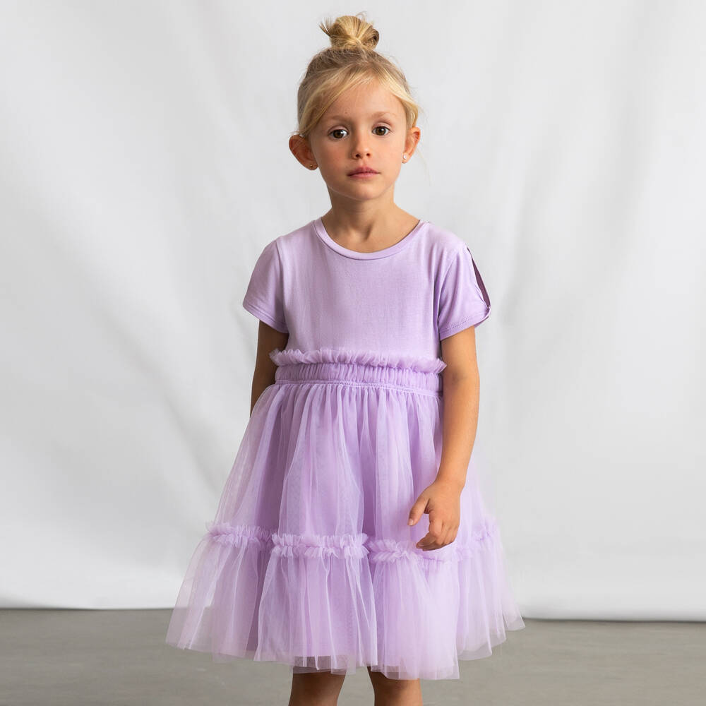 Mayoral-Girls Lilac Purple Tulle & Jersey Dress with Tiered Skirt | Childrensalon