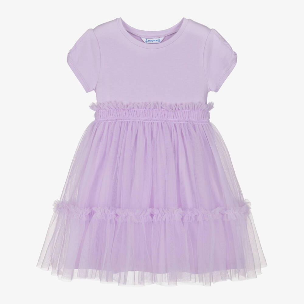 Mayoral-Girls Lilac Purple Tulle & Jersey Dress with Tiered Skirt | Childrensalon