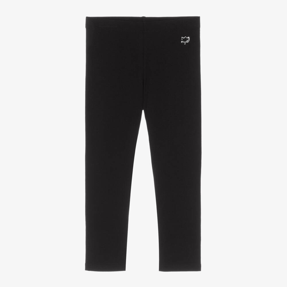 Mayoral-Girls Long Black Cotton Leggings with Silver Logo | Childrensalon