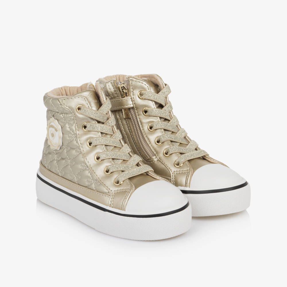 Mayoral-Girls Metallic Gold High-Top Quilted Bow Trainers | Childrensalon