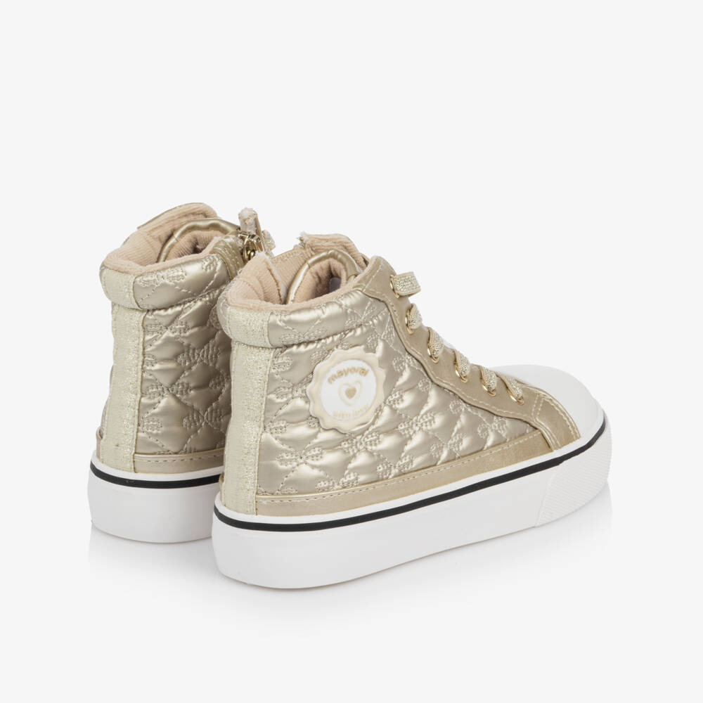 Mayoral-Girls Metallic Gold High-Top Quilted Bow Trainers | Childrensalon