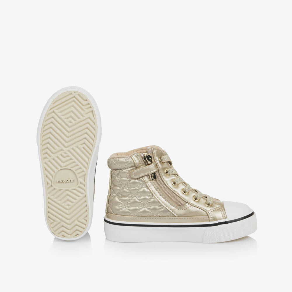 Mayoral-Girls Metallic Gold High-Top Quilted Bow Trainers | Childrensalon