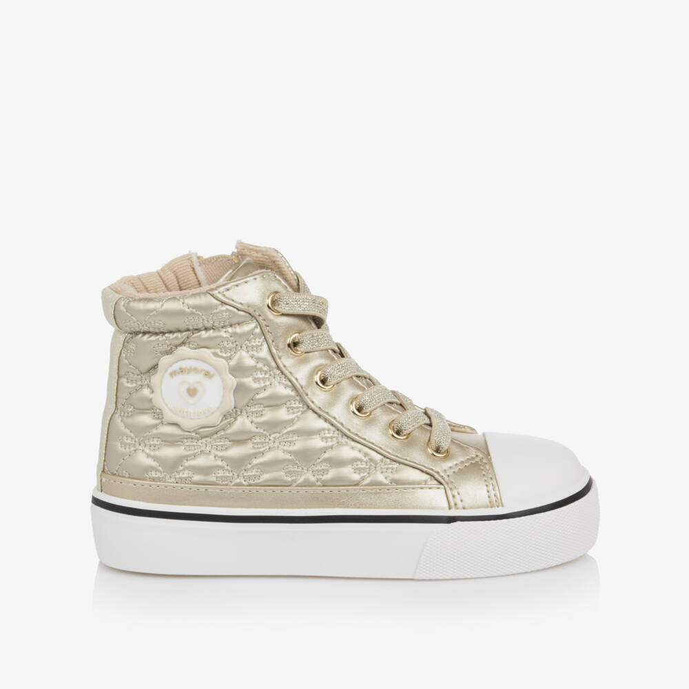 Mayoral-Girls Metallic Gold High-Top Quilted Bow Trainers | Childrensalon