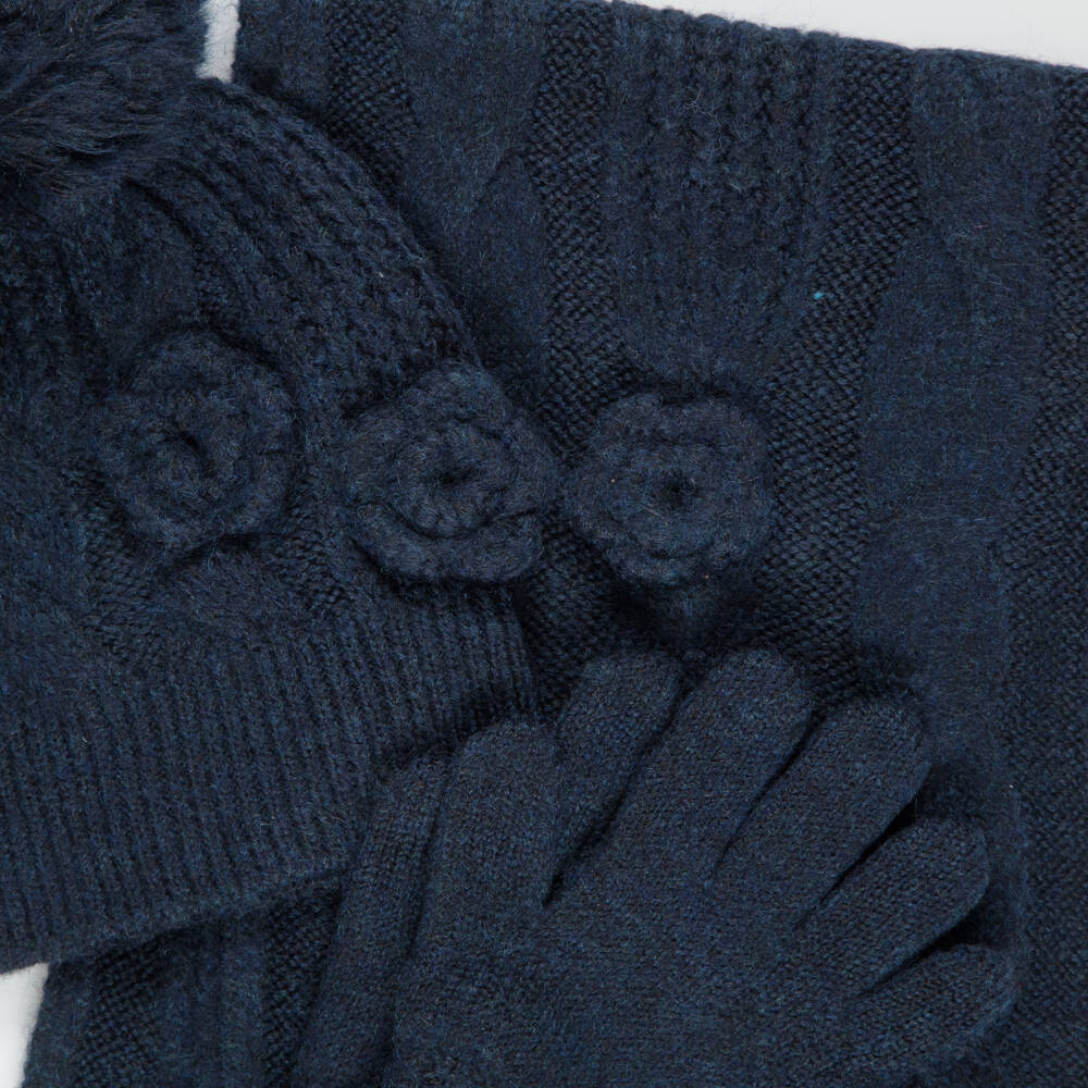 Mayoral-Girls Navy Blue Cable Knit Hat & Scarf Set with Gloves | Childrensalon
