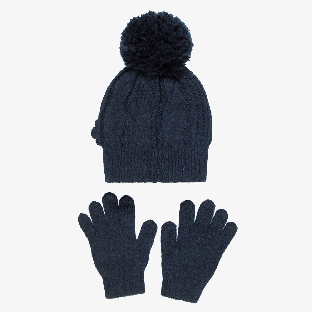 Mayoral-Girls Navy Blue Cable Knit Hat & Scarf Set with Gloves | Childrensalon