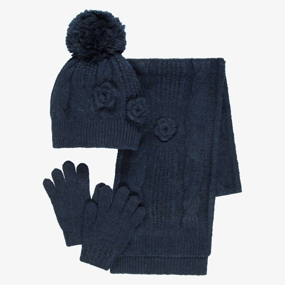 Mayoral-Girls Navy Blue Cable Knit Hat & Scarf Set with Gloves | Childrensalon