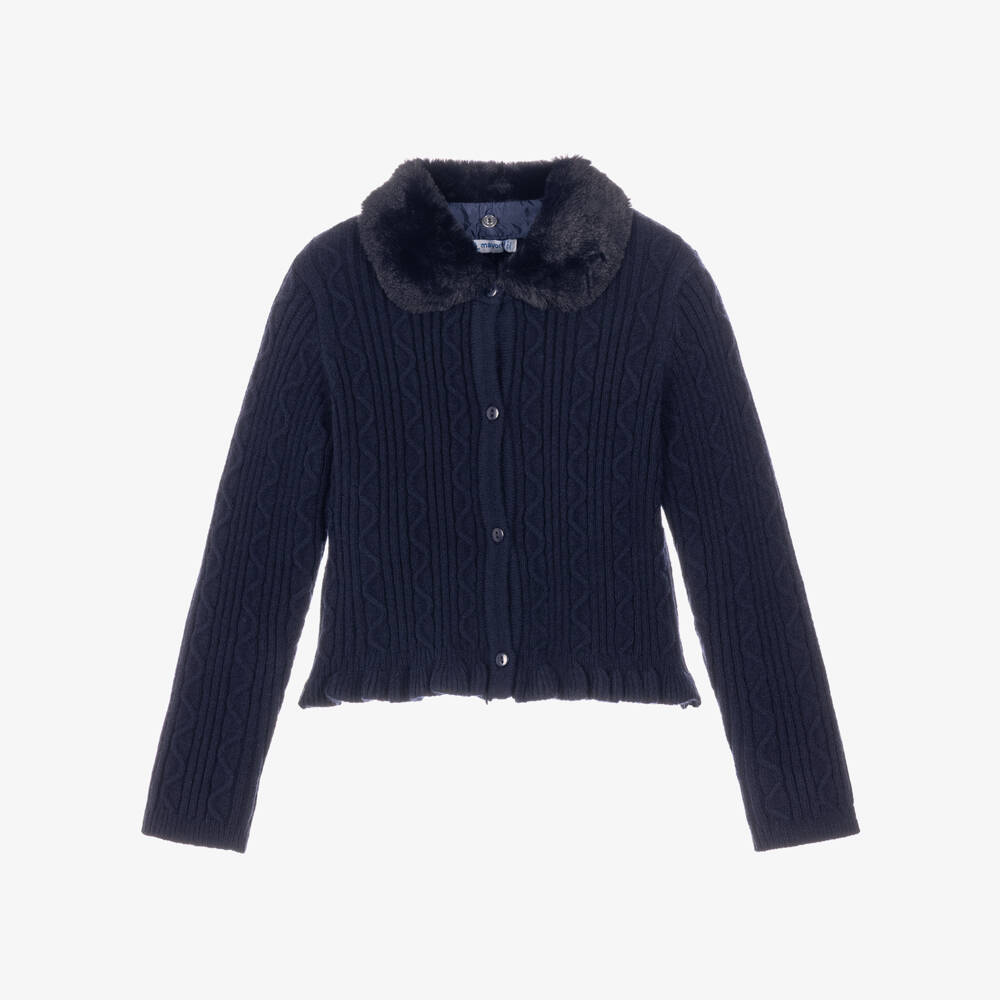 Mayoral-Girls Navy Blue Cardigan with Detachable Collar | Childrensalon