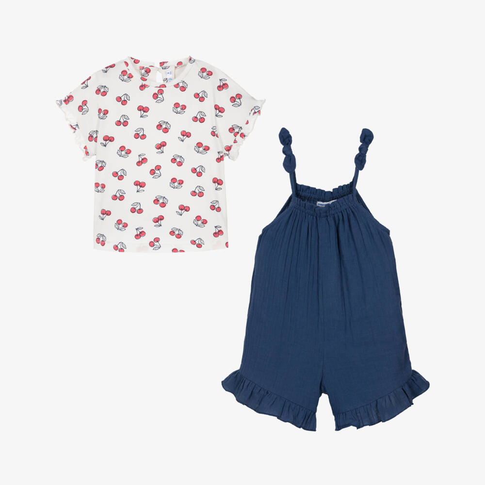 Mayoral-Girls Navy Blue Cotton Dungarees Set with Cherry Print T-Shirt | Childrensalon