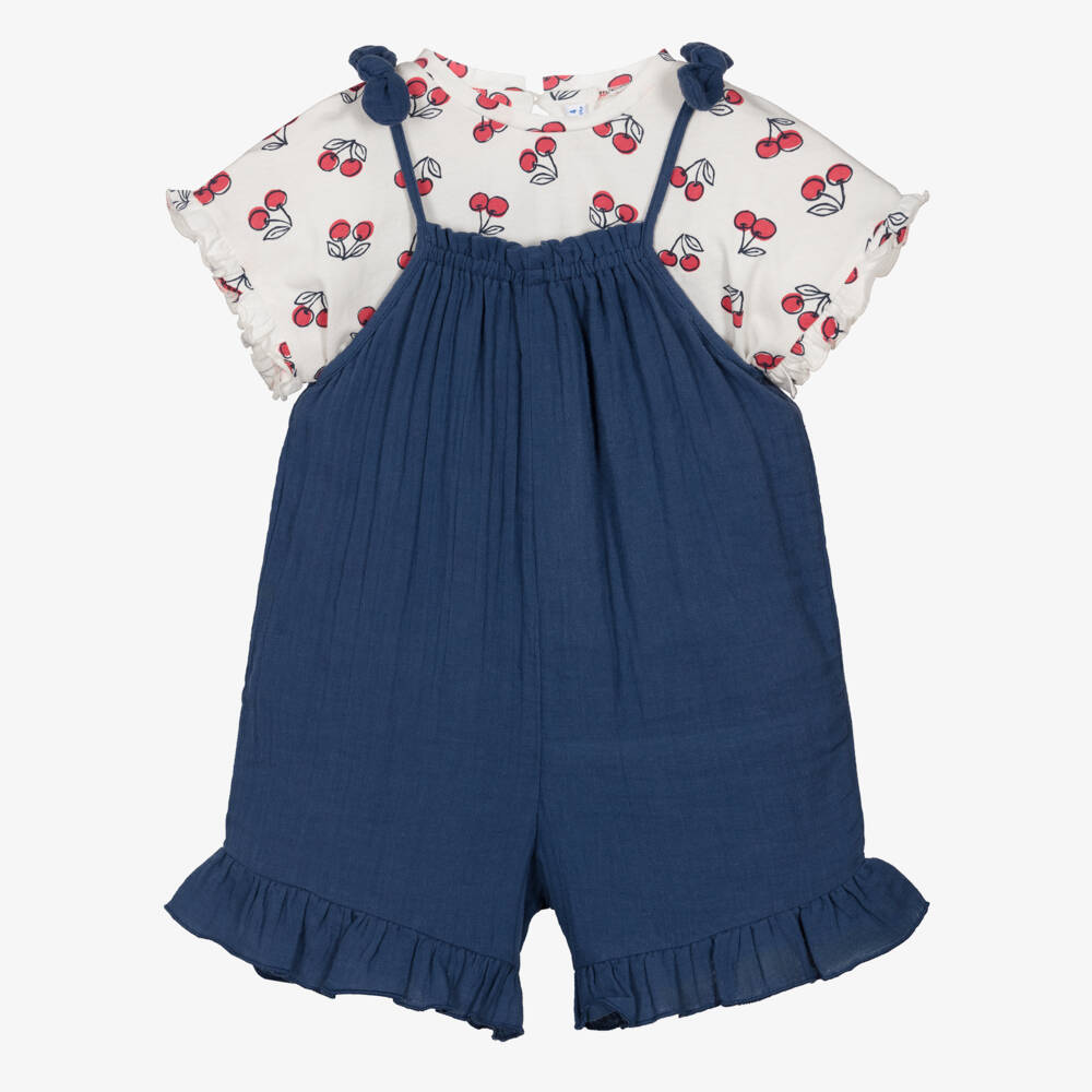 Mayoral-Girls Navy Blue Cotton Dungarees Set with Cherry Print T-Shirt | Childrensalon