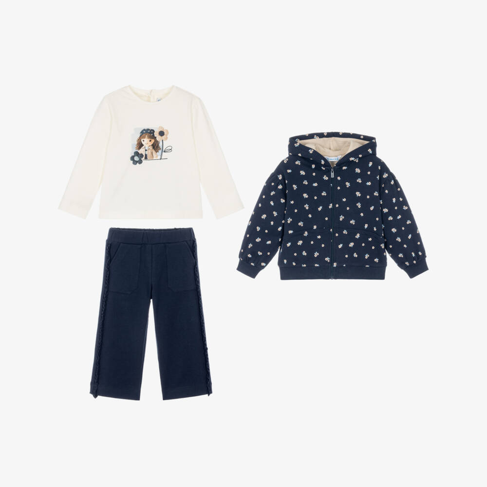 Mayoral-Girls Navy Blue Floral Print Cotton Tracksuit Set | Childrensalon