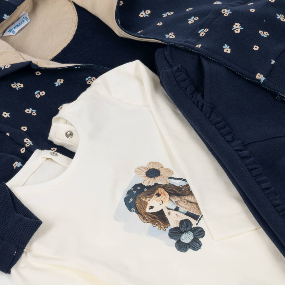 Mayoral-Girls Navy Blue Floral Print Cotton Tracksuit Set | Childrensalon