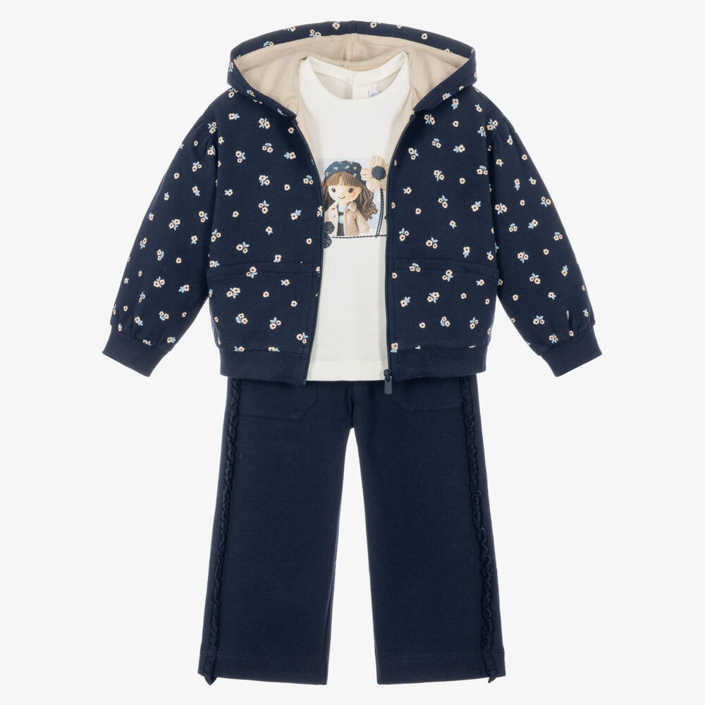 Mayoral-Girls Navy Blue Floral Print Cotton Tracksuit Set | Childrensalon