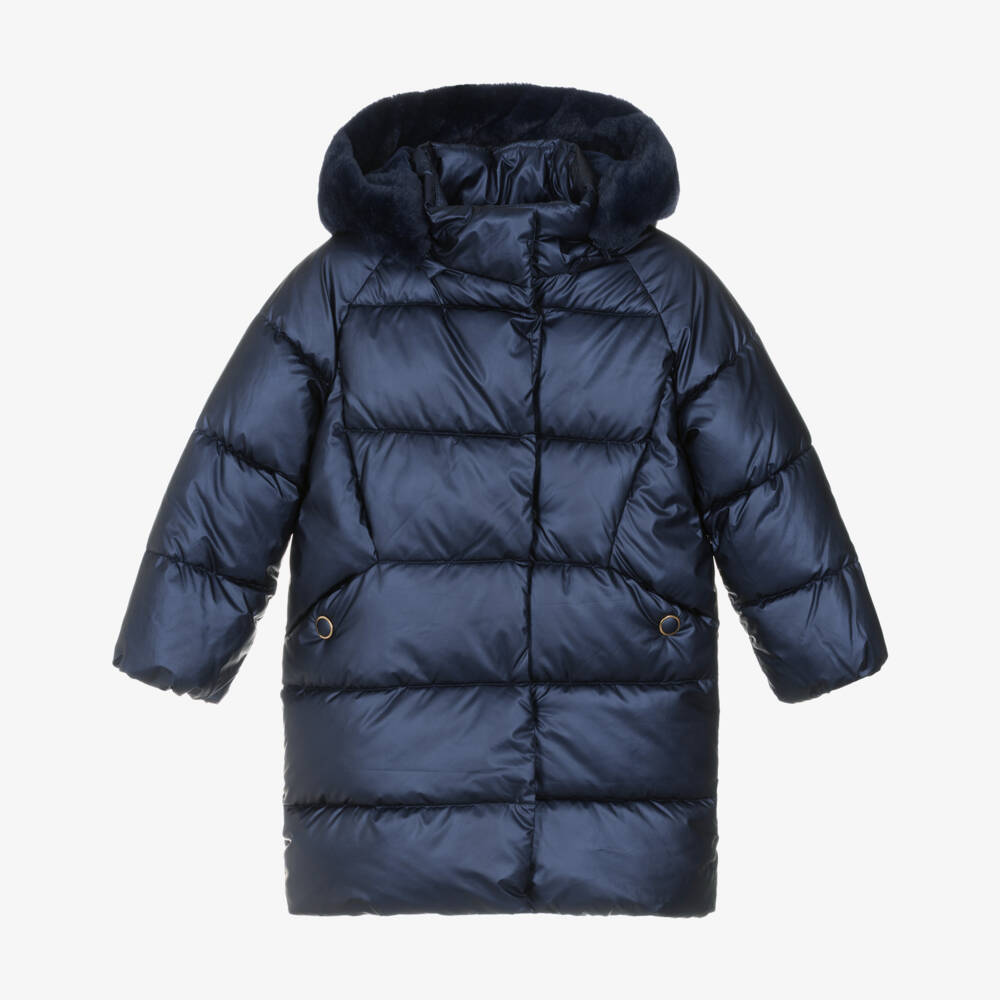 Mayoral-Girls Navy Blue Hooded Puffer Coat with Faux Fur Trim | Childrensalon