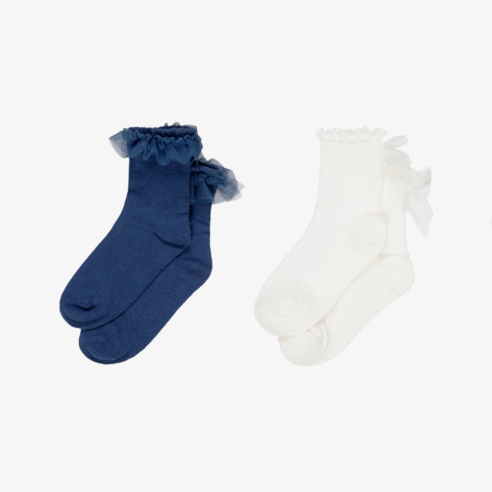 Mayoral-Girls Navy Blue & Ivory Knitted Socks (2 Pack) | Childrensalon