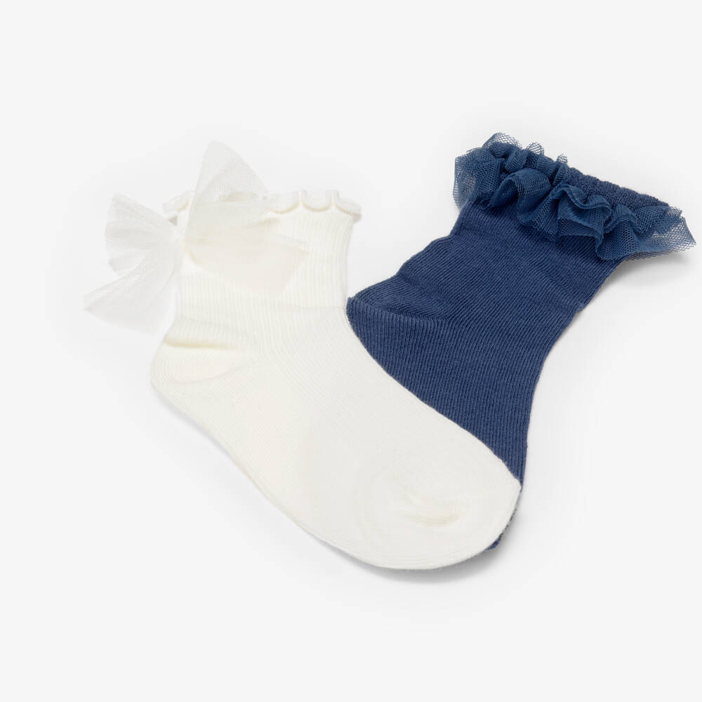 Mayoral-Girls Navy Blue & Ivory Knitted Socks (2 Pack) | Childrensalon