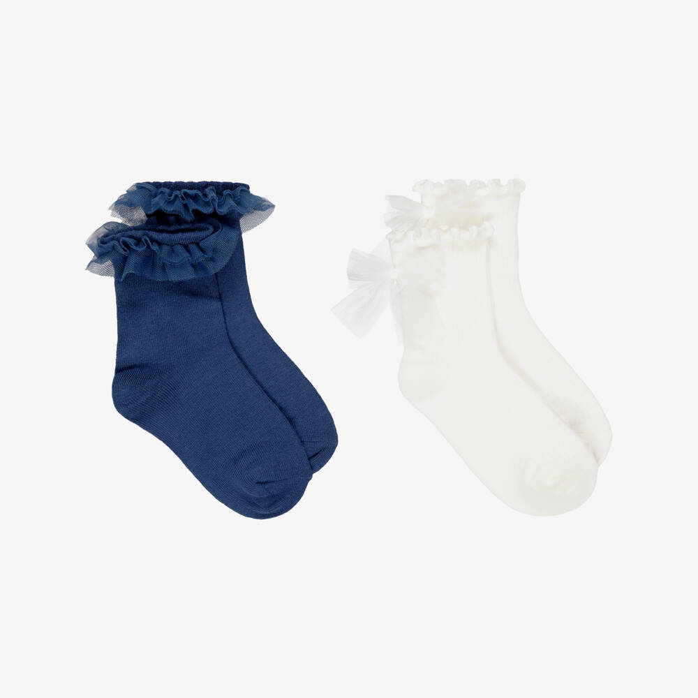 Mayoral-Girls Navy Blue & Ivory Knitted Socks (2 Pack) | Childrensalon