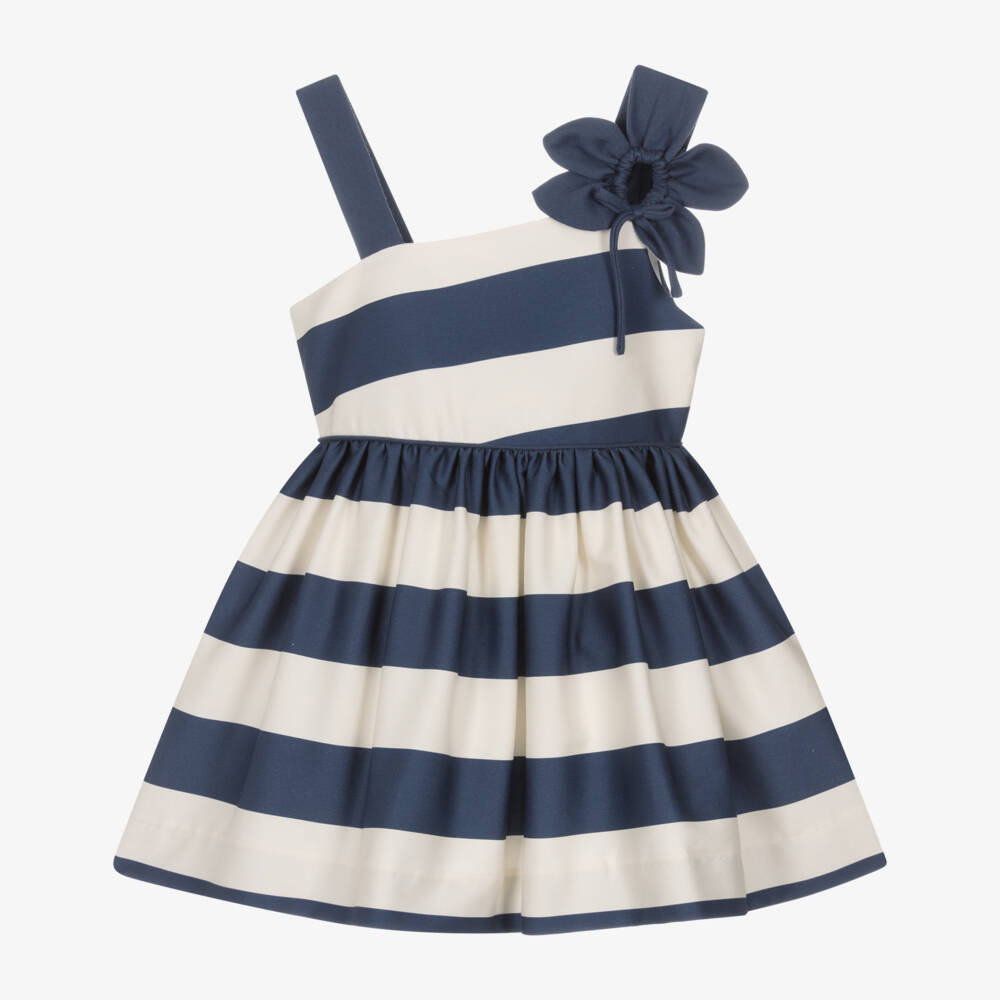 Mayoral-Girls Navy Blue & Ivory Stripe Cotton Sateen Dress | Childrensalon