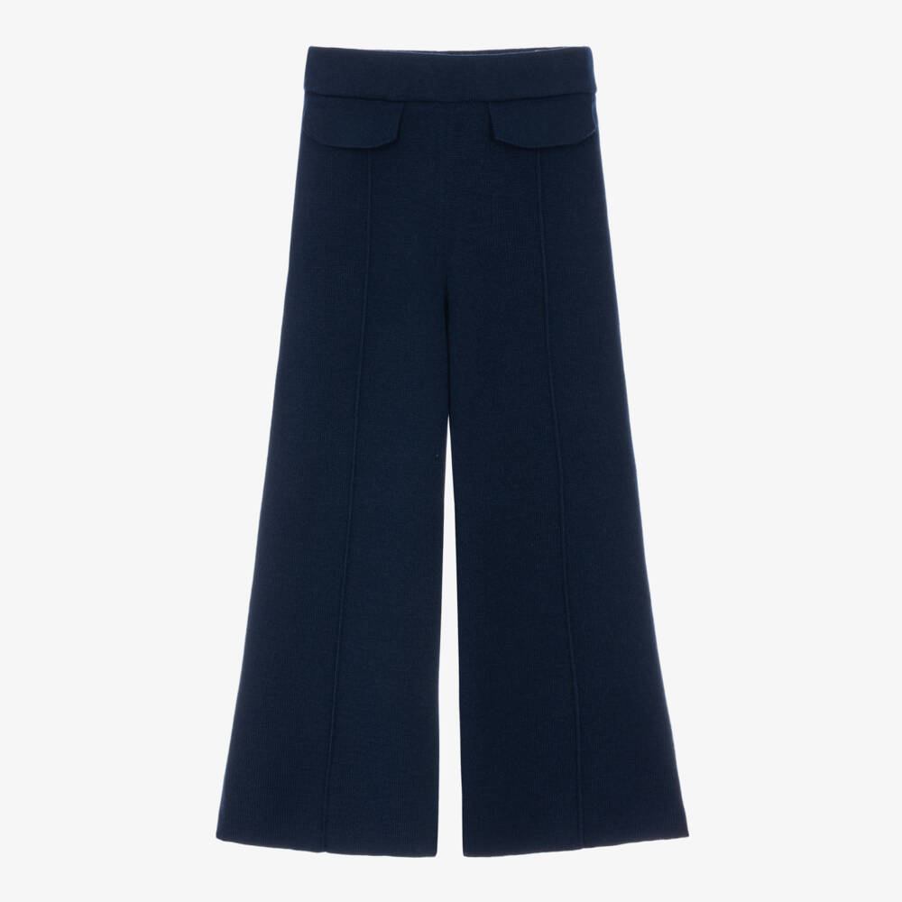 Mayoral-Girls Navy Blue Knitted Trousers with Wide Legs | Childrensalon