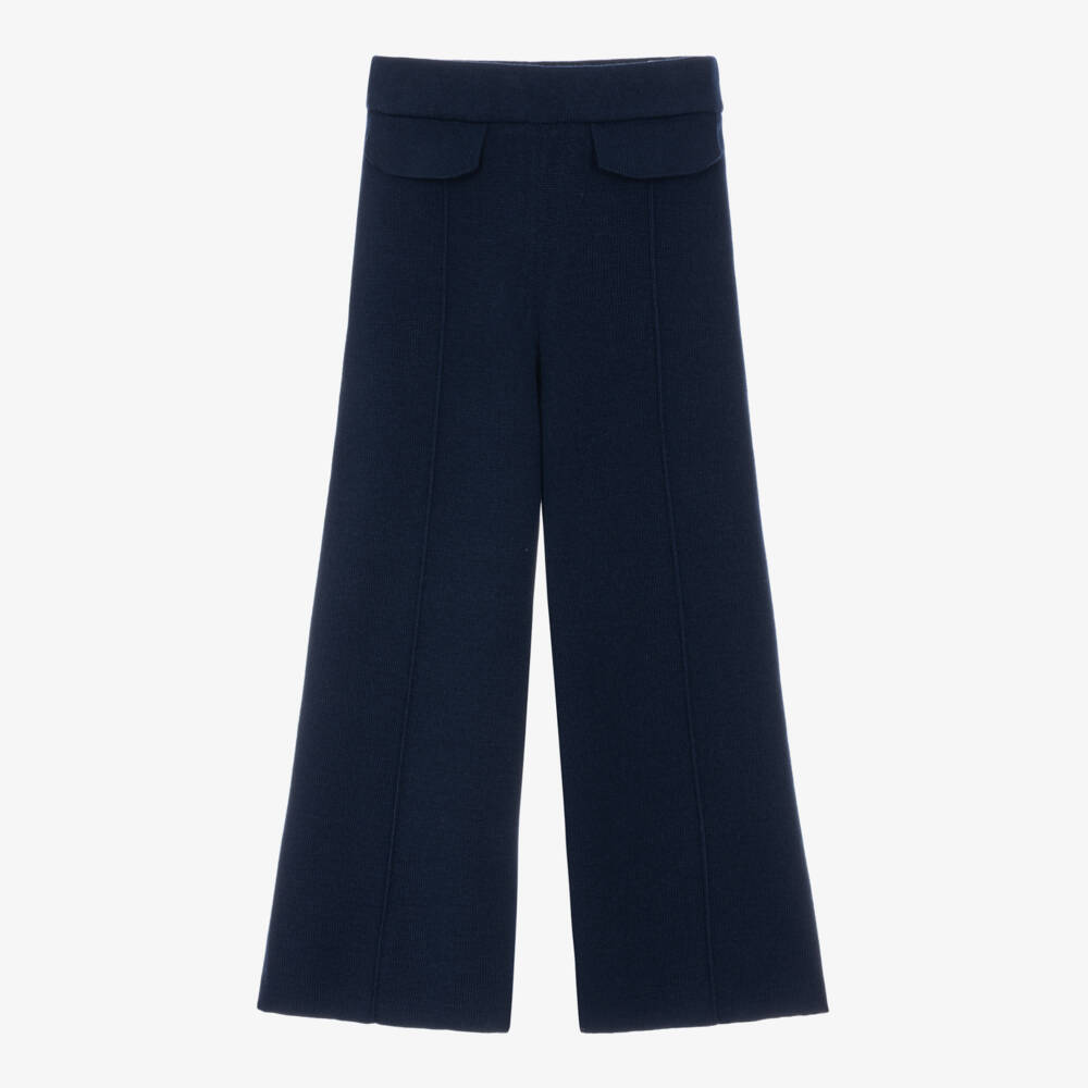 Mayoral-Girls Navy Blue Knitted Trousers with Wide Legs | Childrensalon