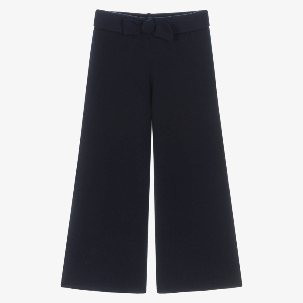 Mayoral-Girls Navy Blue Knitted Wide-Leg Trousers | Childrensalon
