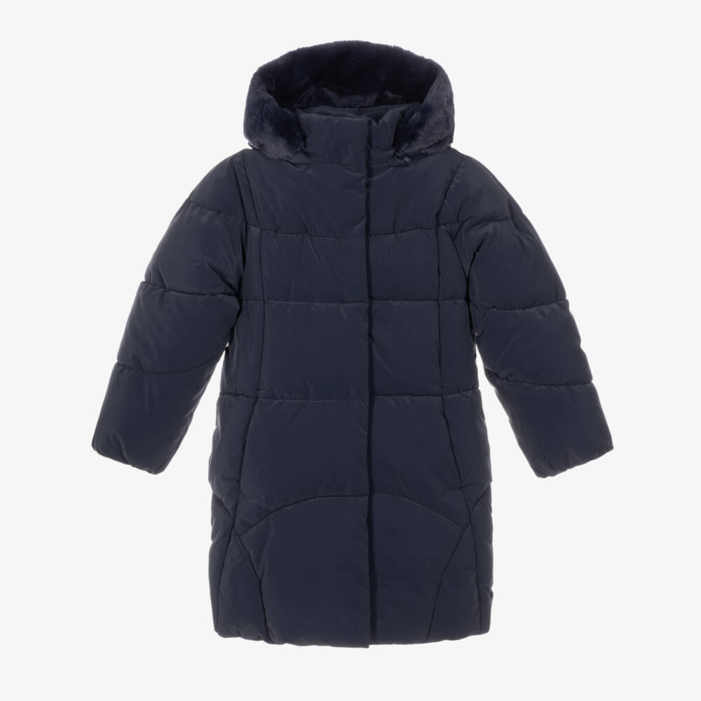 Mayoral-Girls Navy Blue Puffer Coat With Faux Fur Hood | Childrensalon