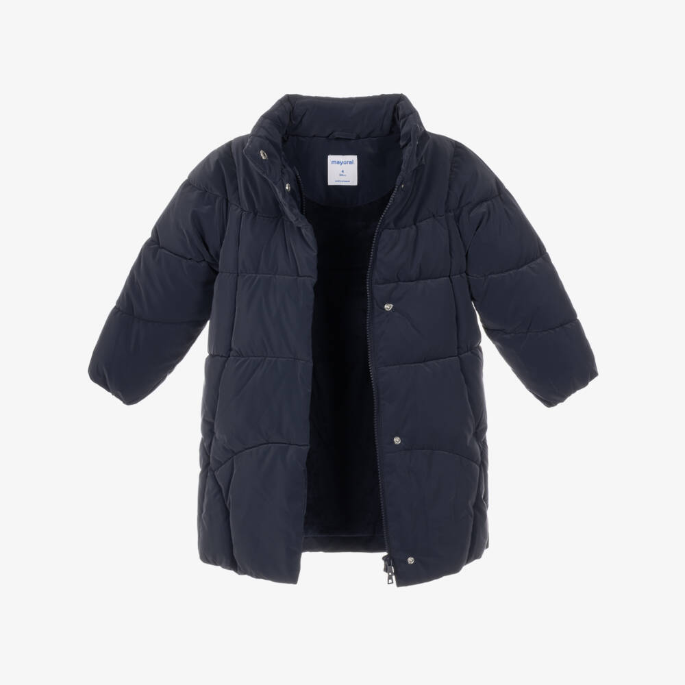 Mayoral-Girls Navy Blue Puffer Coat With Faux Fur Hood | Childrensalon