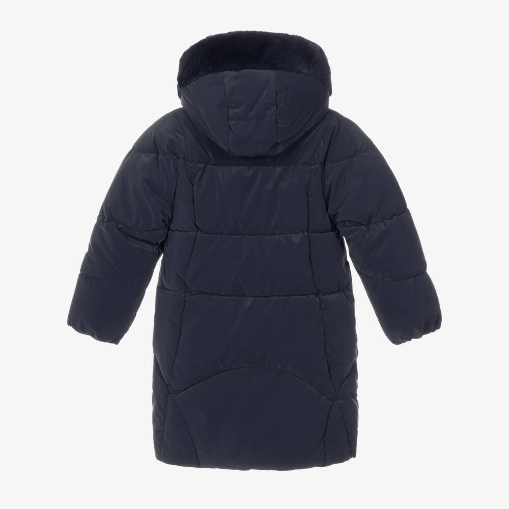 Mayoral-Girls Navy Blue Puffer Coat With Faux Fur Hood | Childrensalon