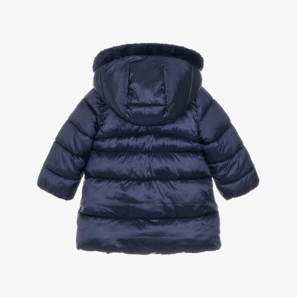 Mayoral-Girls Navy Blue Puffer Coat with Faux Fur Trim | Childrensalon