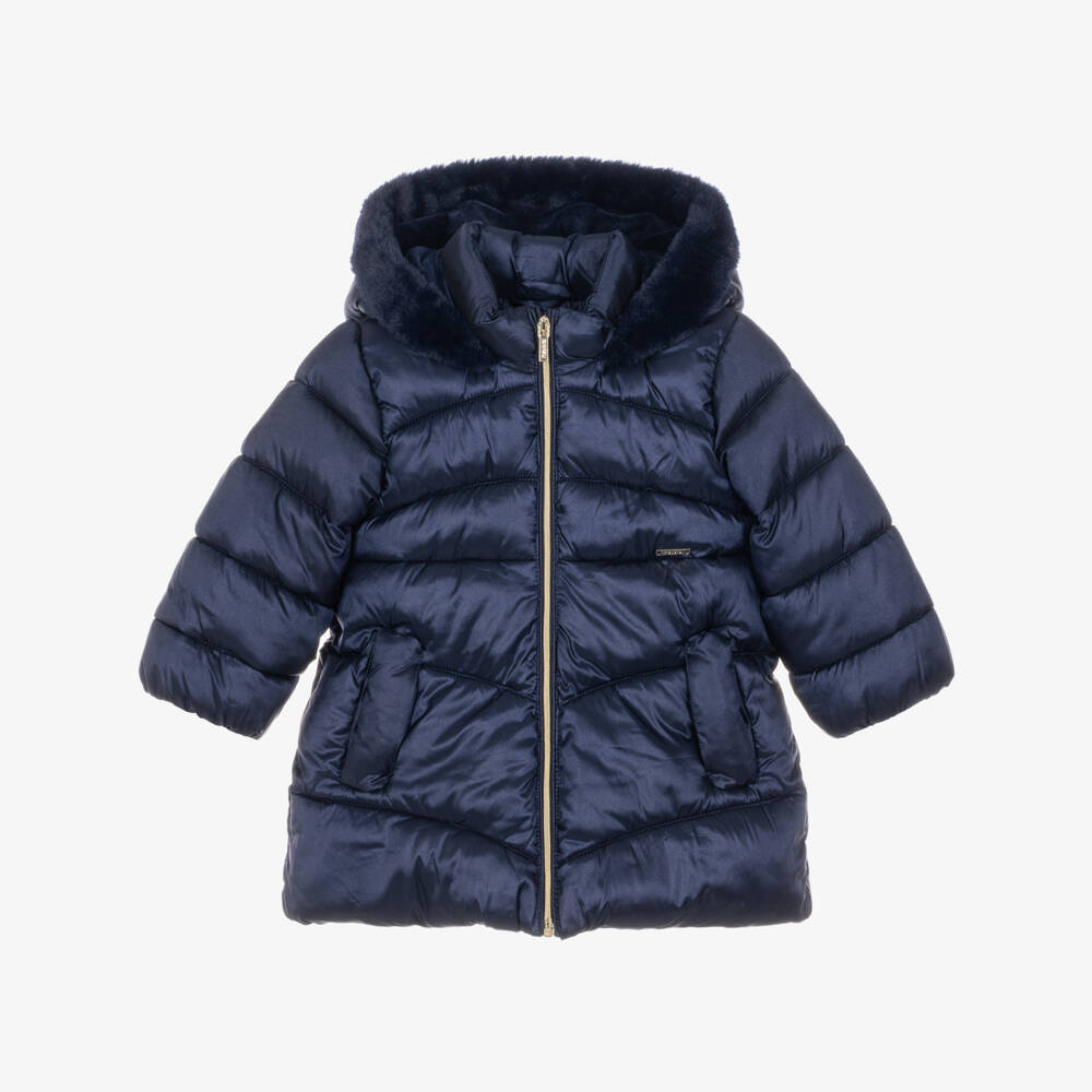 Mayoral-Girls Navy Blue Puffer Coat with Faux Fur Trim | Childrensalon