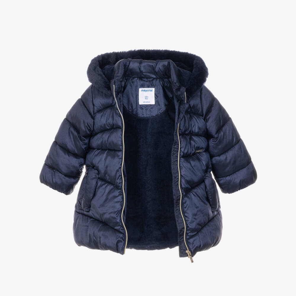 Mayoral-Girls Navy Blue Puffer Coat with Faux Fur Trim | Childrensalon