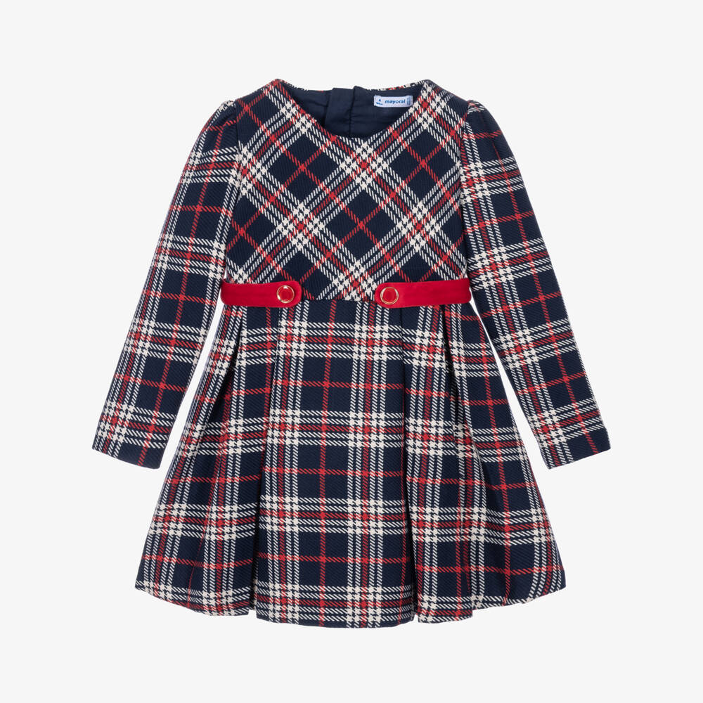 Mayoral-Girls Navy Blue & Red Check Dress  | Childrensalon