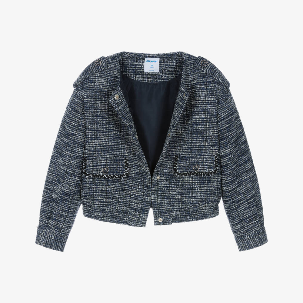 Mayoral-Girls Navy Blue Sparkly Tweed Blouson Jacket | Childrensalon