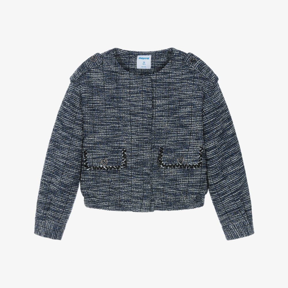 Mayoral-Girls Navy Blue Sparkly Tweed Blouson Jacket | Childrensalon