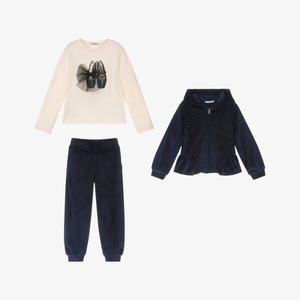 Mayoral-Girls Navy Blue Sparkly Velour Tracksuit Set | Childrensalon