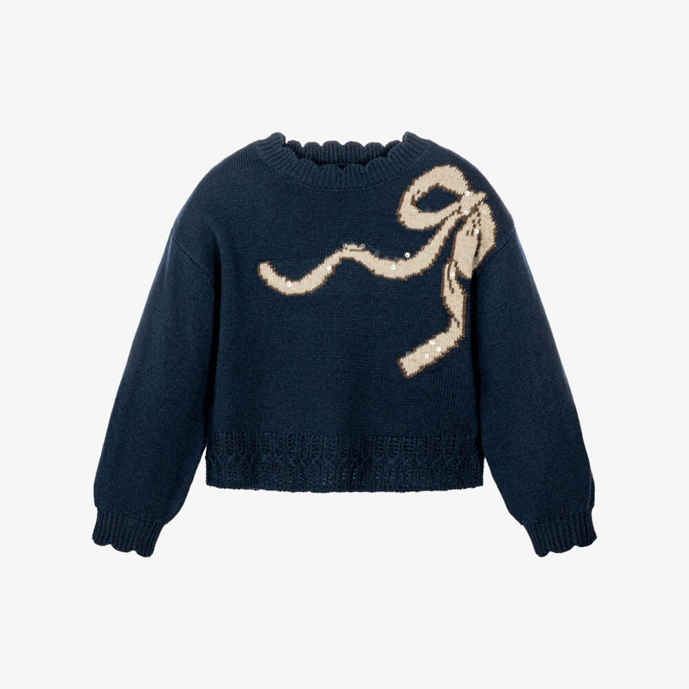 Mayoral-Girls Navy Blue Sweater with Sequinned Bow | Childrensalon