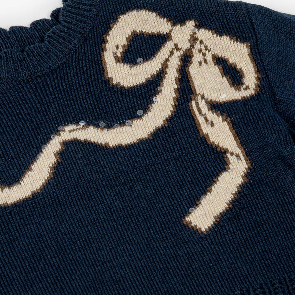 Mayoral-Girls Navy Blue Sweater with Sequinned Bow | Childrensalon