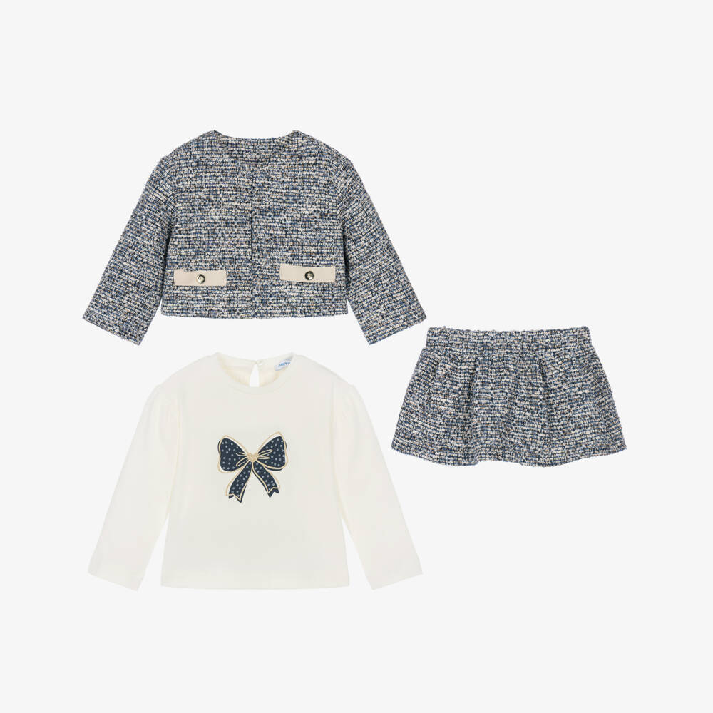 Mayoral-Girls Navy Blue Tweed Jacket & Skirt Set | Childrensalon