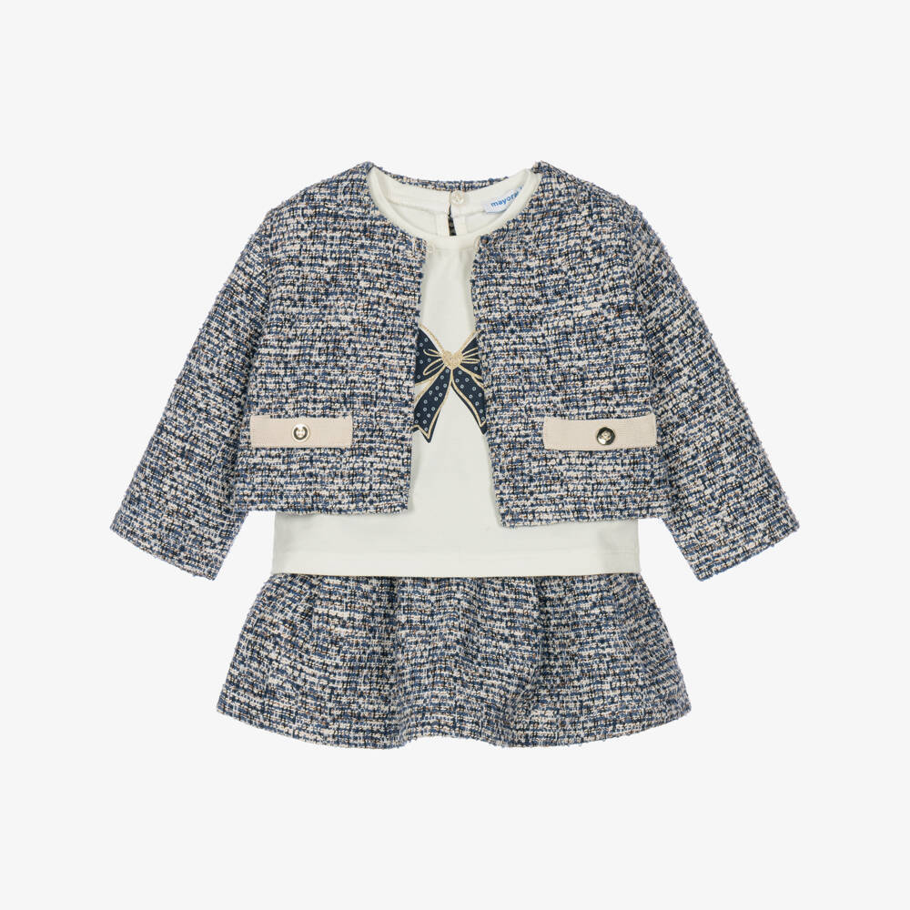 Mayoral-Girls Navy Blue Tweed Jacket & Skirt Set | Childrensalon