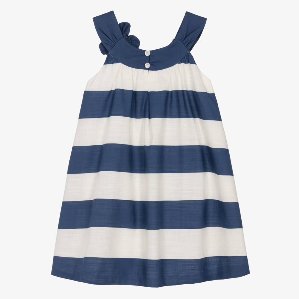 Mayoral-Girls Navy Blue & White Striped Cotton Dress with Flower | Childrensalon