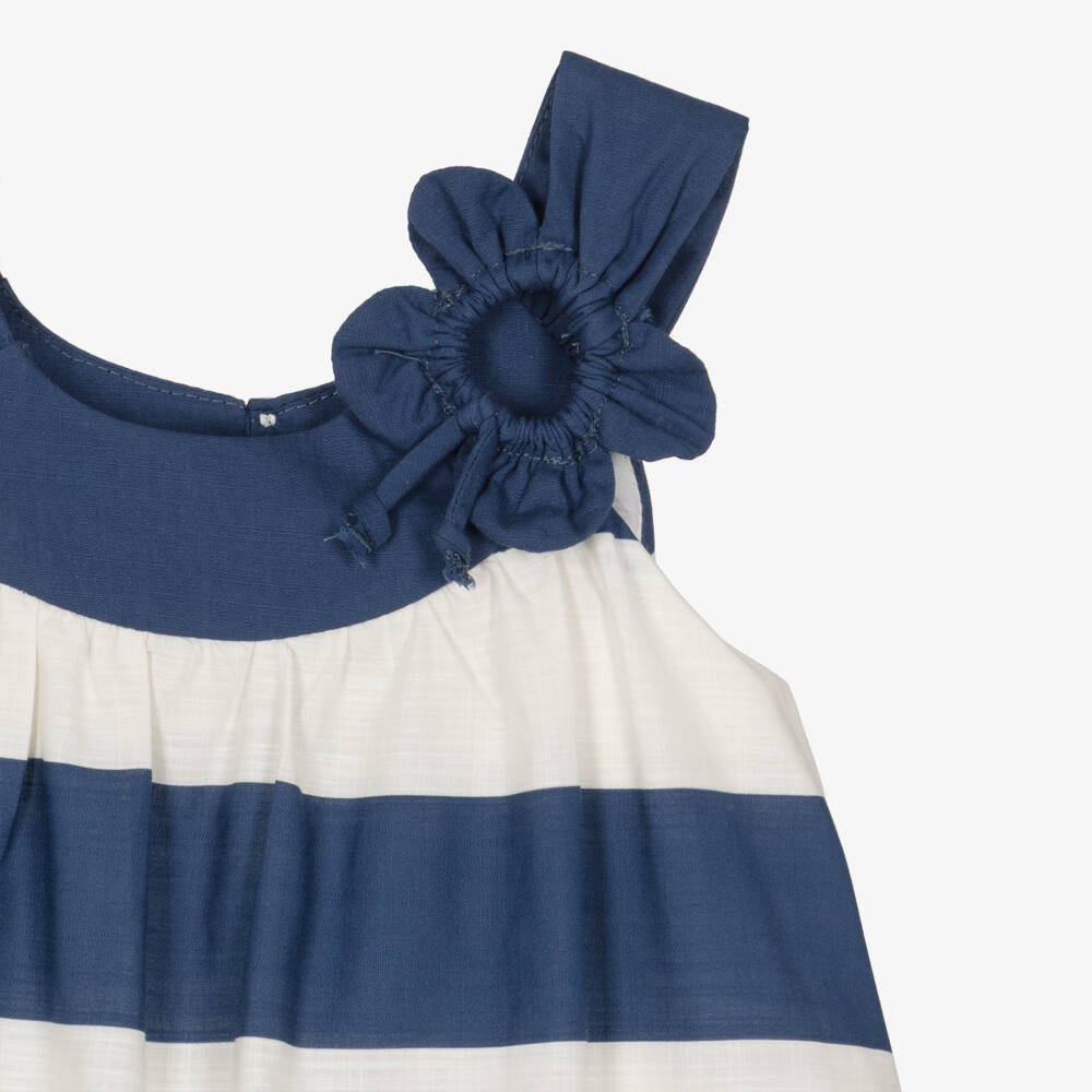Mayoral-Girls Navy Blue & White Striped Cotton Dress with Flower | Childrensalon