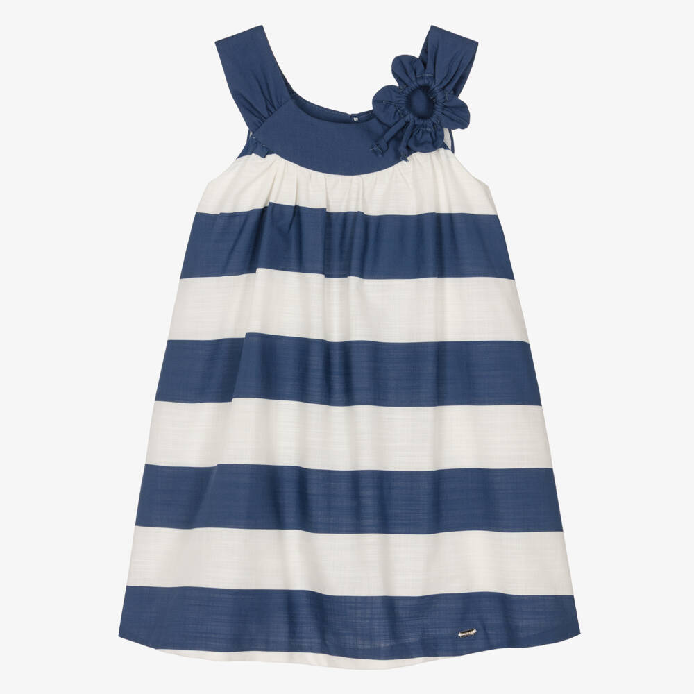 Mayoral-Girls Navy Blue & White Striped Cotton Dress with Flower | Childrensalon