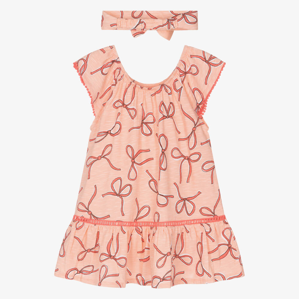 Mayoral-Girls Orange Bow Print Cotton Jersey Dress Set | Childrensalon